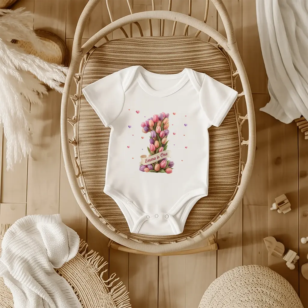 Personalized Tulip Baby Onesie | Gift for a Little Spring Heart | Custom Floral Themed Bodysuit