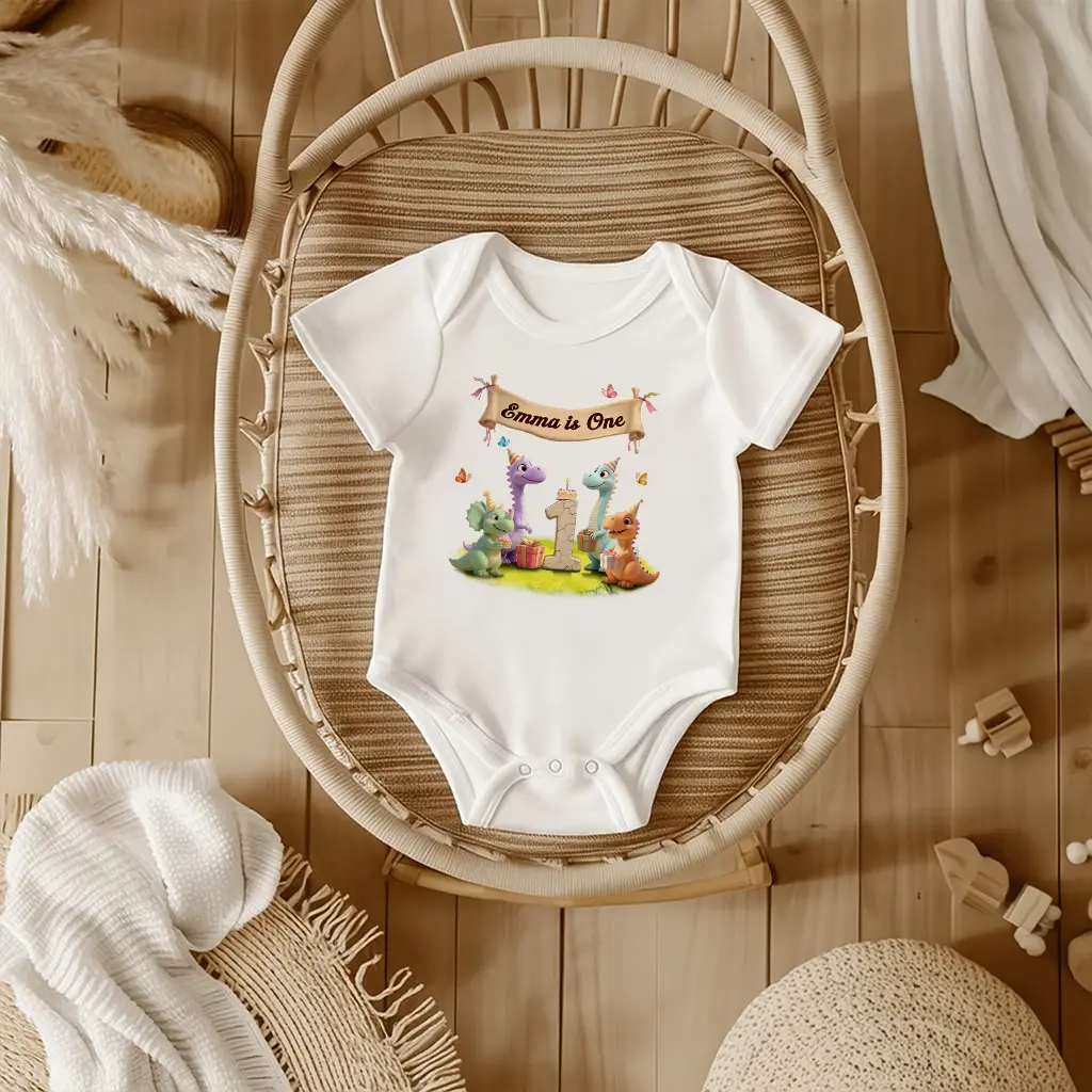 Personalized Dino Gift Party Baby Onesie for Kids | A Celebration Gift for Little Party Lovers | Festive Baby Apparel