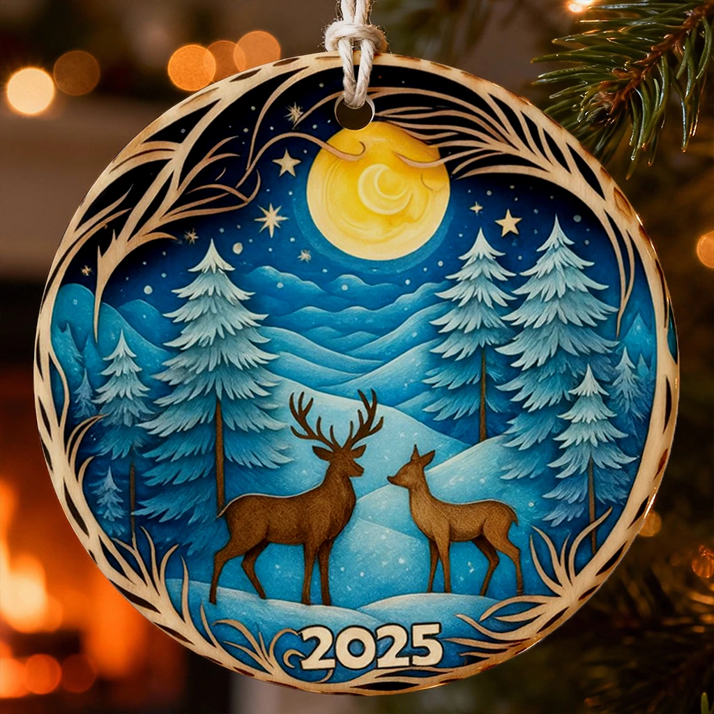 Deer in Winter Forest Ornament 2025, 3D Effect Christmas Decor, Heirloom Keepsake for Tree