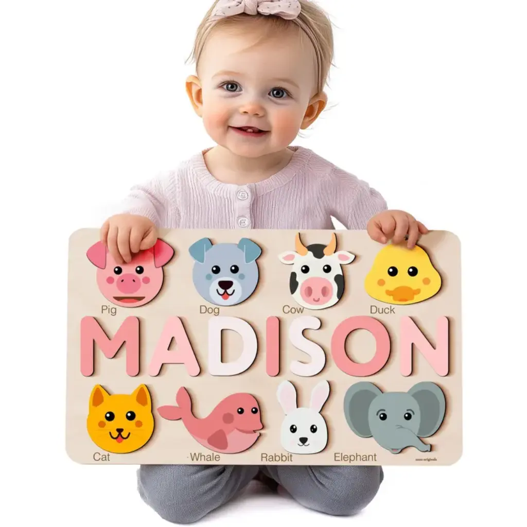 Animals Montessori Busy Board for 2 Year Olds with Custom Name Puzzle | Personalized Animal Toy, Toddler Birthday Gift