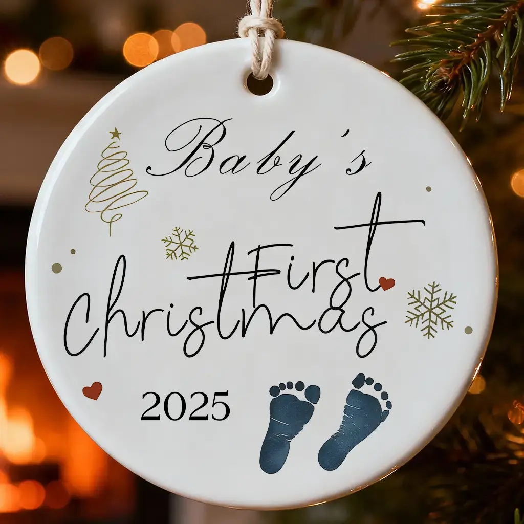 Baby Footprints Newborn Christmas Ornaments | Holiday Keepsake | Ceramic Tree Decoration
