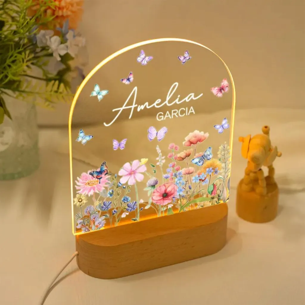 Custom Floral Butterfly Name Night Light