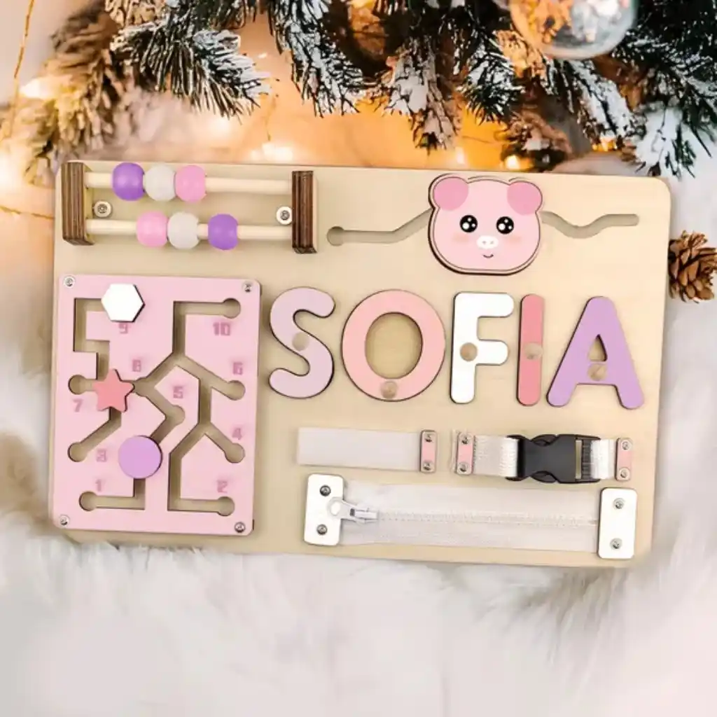 Custom Wooden Busy Board with Name Puzzle | Personalized Sensory Toy & Birthday Gift | Montessori Learning Activity