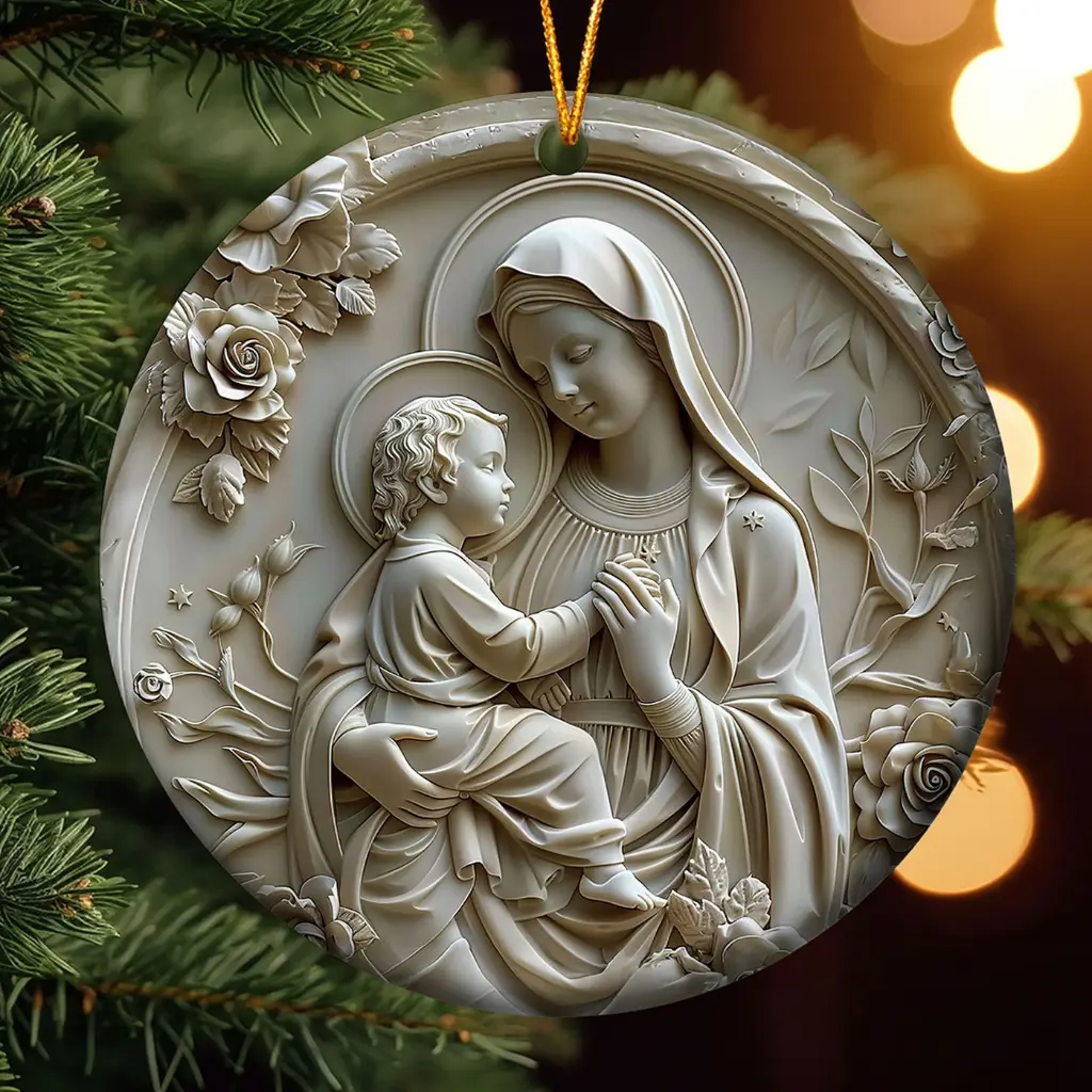 Madonna and Child Ornament | Catholic Christmas Gift, Virgin Mary Floral Ceramic, Religious Keepsake for Her
