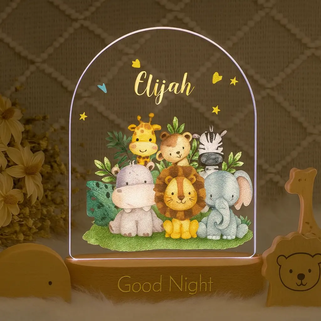 Personalized Baby Night Light with Wooden Base | Custom Keepsake Gift | Gentle Nursery Glow