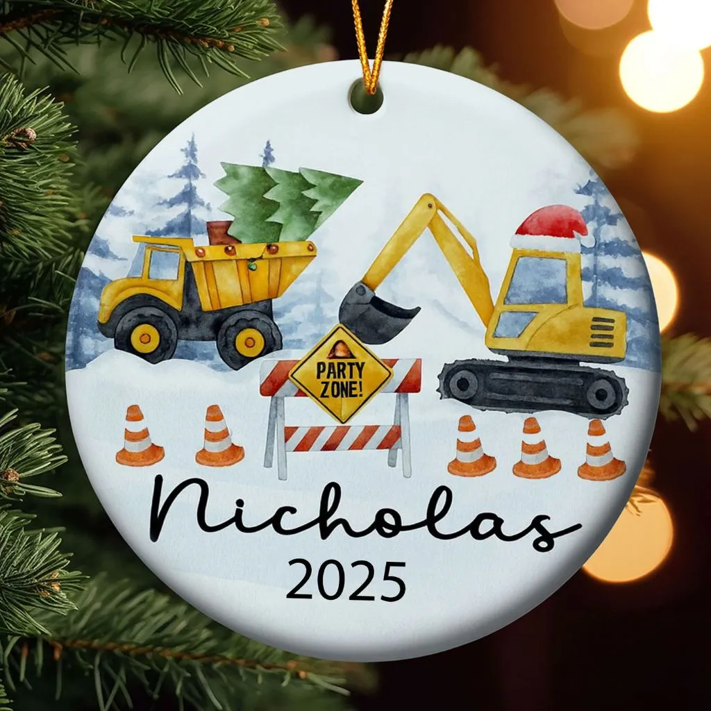 Personalized Construction Ornament 2025 | Custom Name Dump Truck or Excavator | Christmas Gift for Boys & Toddler Keepsake
