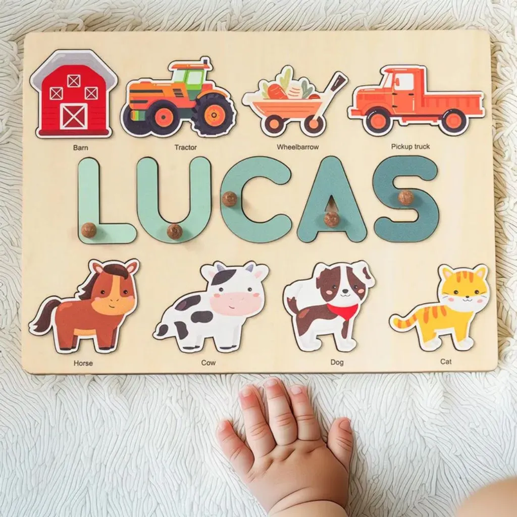 Personalized Farm Animal Name Puzzle with Pegs | Custom Wooden Learning Toy | Toddler Gift