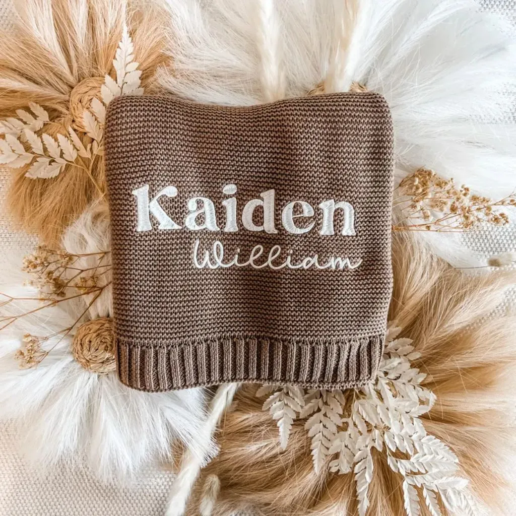 Personalized Knitted Baby Blanket | Custom Embroidered Gift | Soft Newborn Keepsake