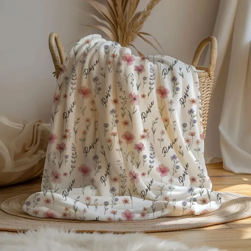 Personalized Wildflower Baby Blanket | Unique Baby Shower Gift | Gentle Comfort for Little Ones