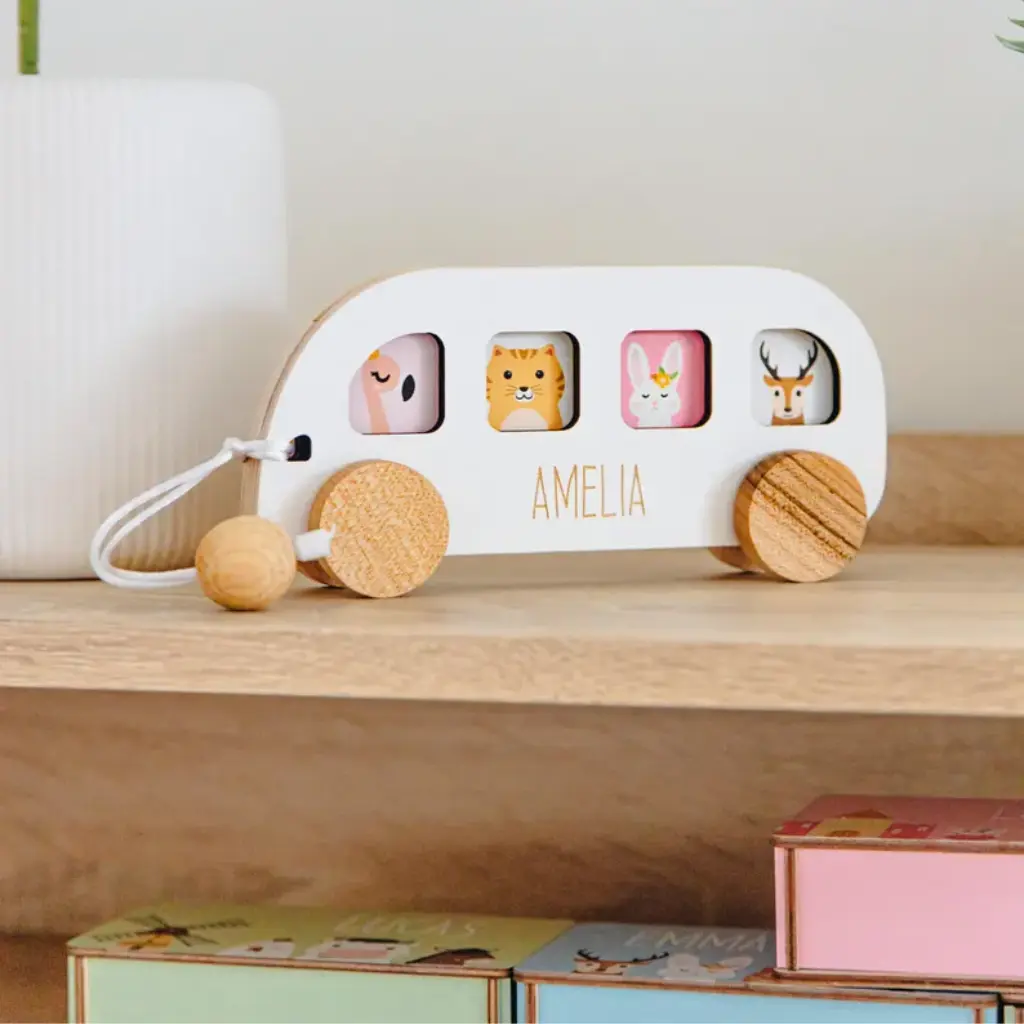 Personalized Wooden Bus Toy | 1st Birthday Gift for Baby Boy & Girl, Custom Name Car for Toddlers, Baptism Gift