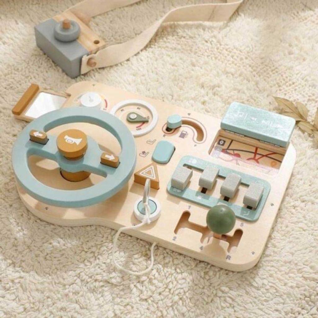 Wooden Sensory Busy Board with Steering Wheel | Montessori Toddler Toy | Educational Travel Gift