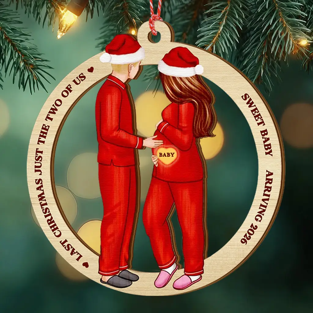 Personalized Pregnancy Announcement Ornament 2025, First Christmas Pregnant Couple Keepsake, Custom PJs Baby Reveal Gift, Expecting Parents