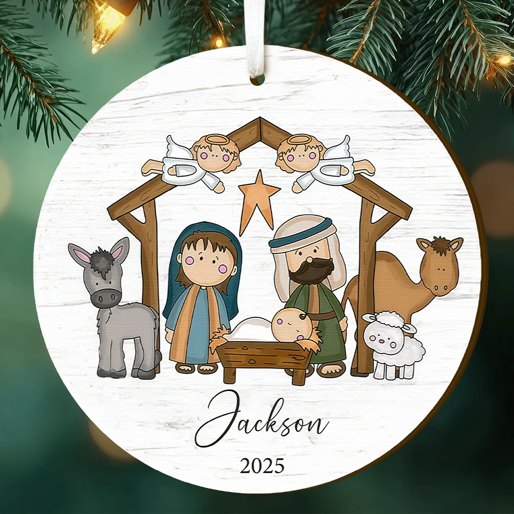 Adorable Nativity Christmas Ornament, Personalized Baby Jesus Scene, Rustic Farmhouse Style Gift.