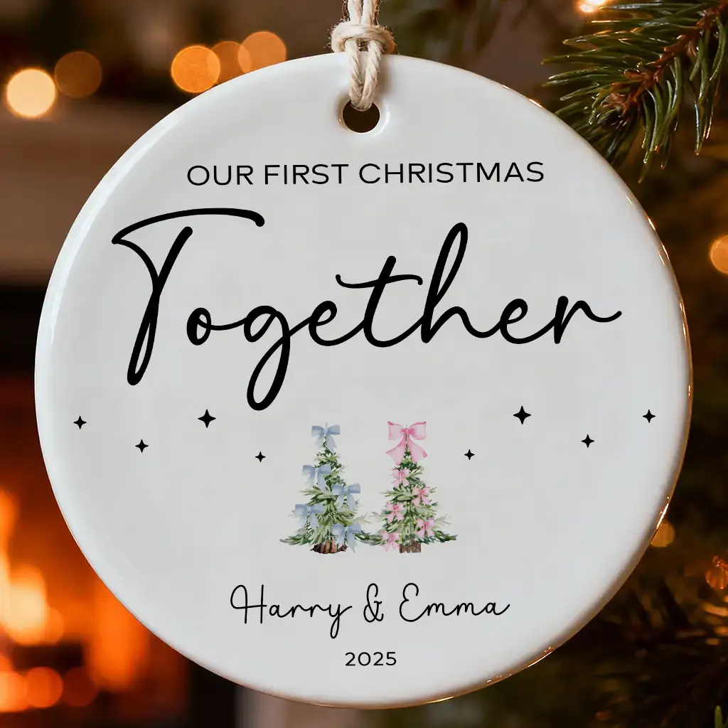 Artisan Round Ceramic Ornament | Signature Watercolor “Tree Of Love” – Personalized Couple’s Heirloom Keepsake.