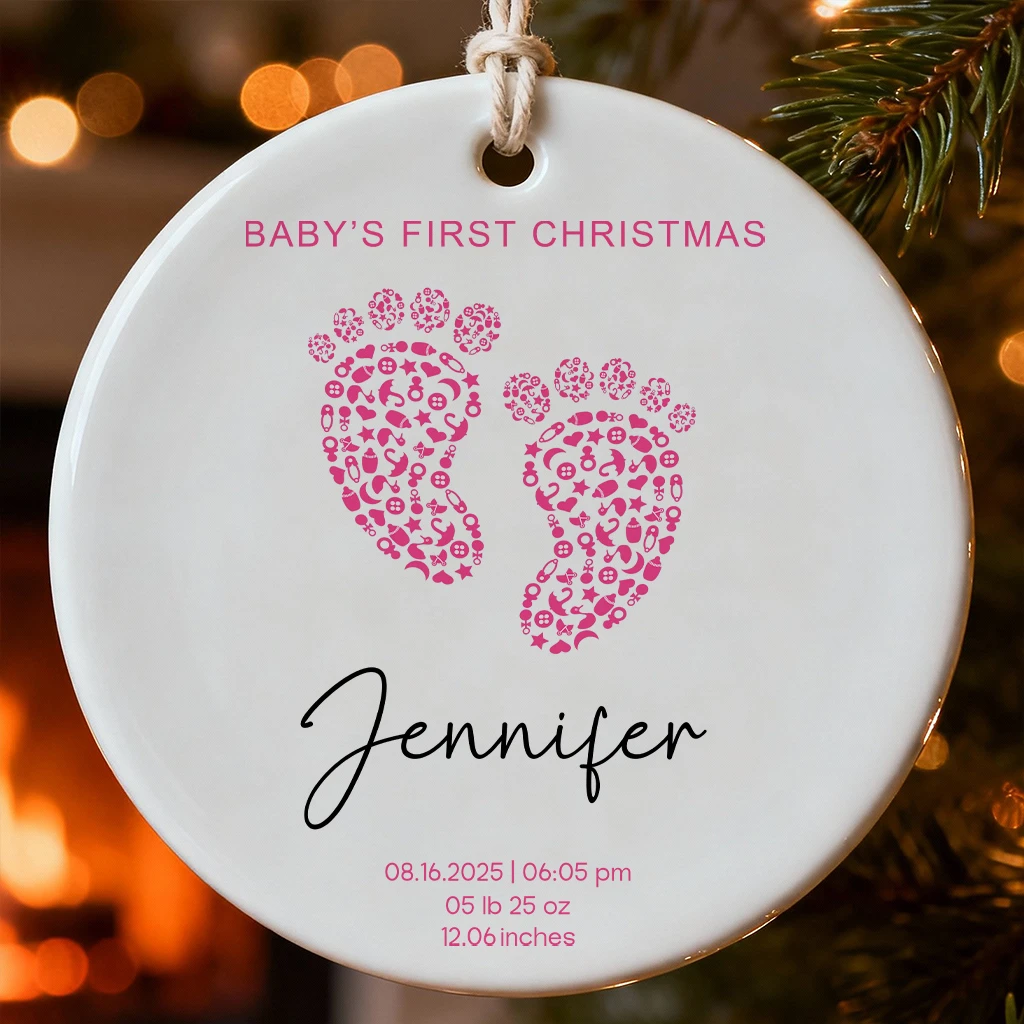 Custom Baby Girl First Christmas Footprint Ornament | Birth Stats Heirloom Keepsake | Baby Girl Christmas Ornament