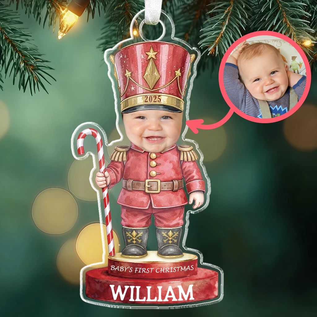 Custom Baby First Christmas Tin Soldier Ornament | Personalized Face Acrylic Keepsake | Perfect Gift Idea