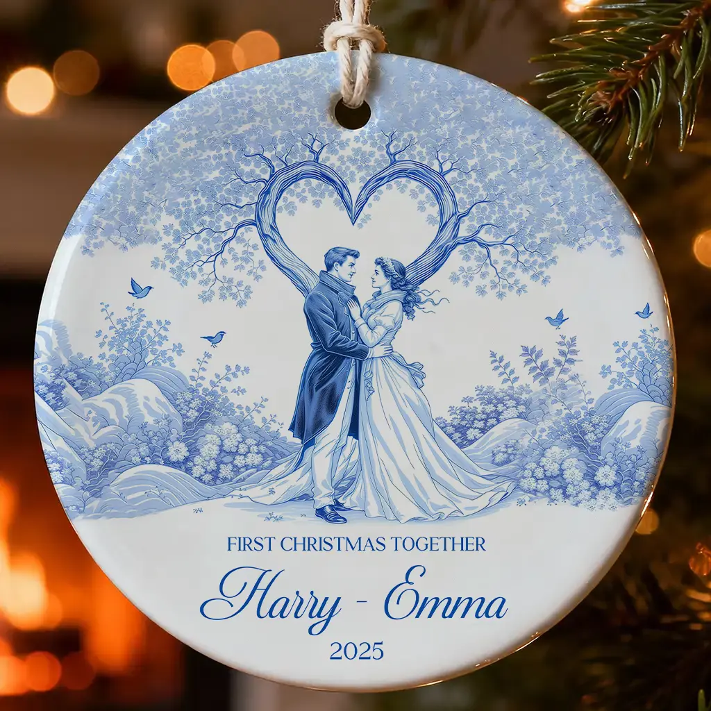 Blue and White Engagement Ornament, Toile Keepsake, Personalized Couple Gift, First Christmas Engaged 2025, Custom Ceramic Present