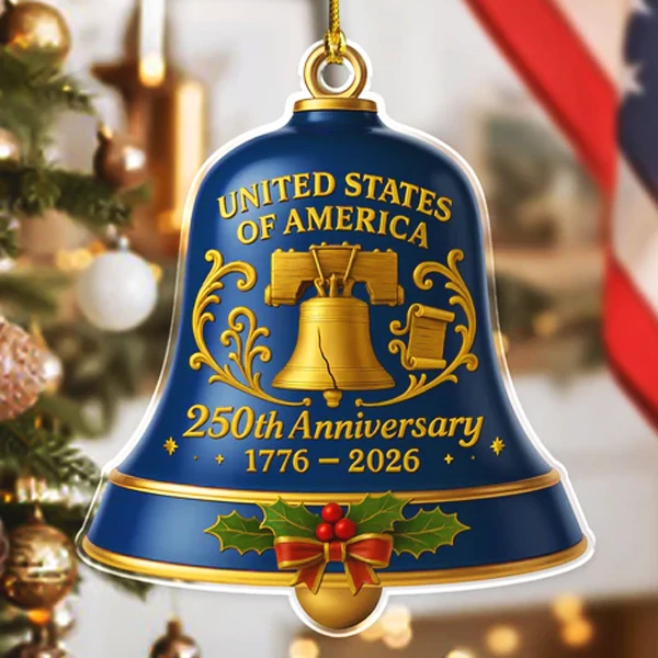 Blue Liberty Bell 250th Anniversary Ornament | Gold Finish USA Commemorative Christmas Decoration | 1776-2026 Patriotic Gift