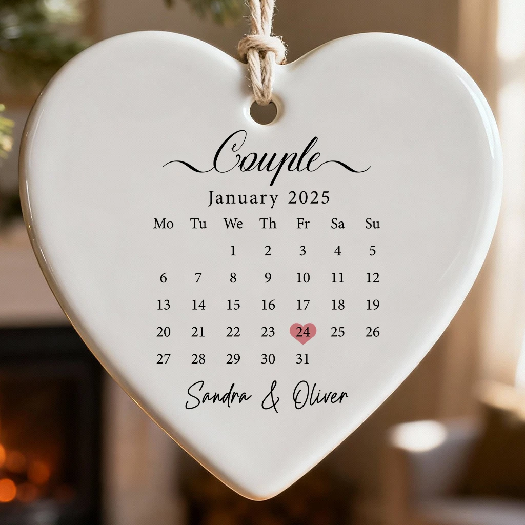 Personalized Calendar Heart Couple Ornament 2025 – Custom Date Keepsake | Engagement or Anniversary Gift for Couple