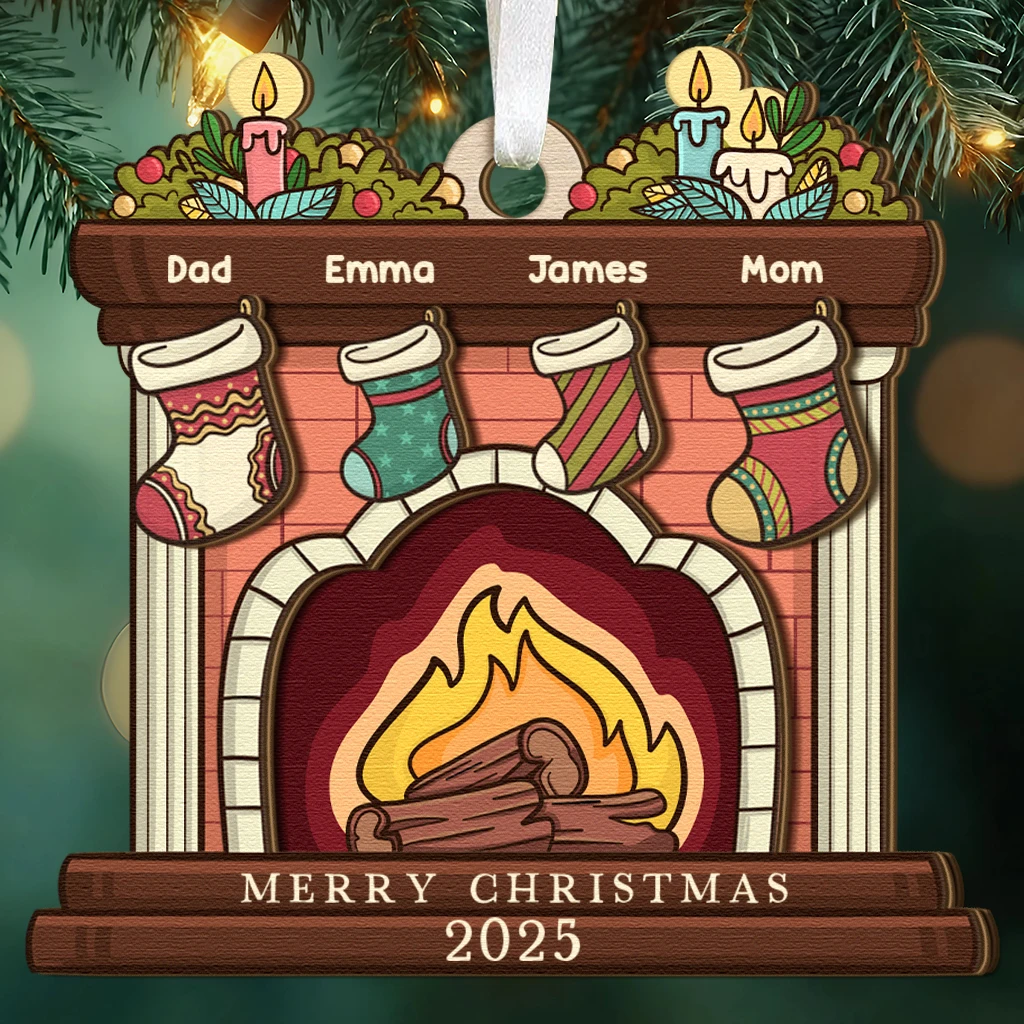 Cartoon Fireplace First Christmas Ornament | Personalized Family Name Holiday Keepsake 2025