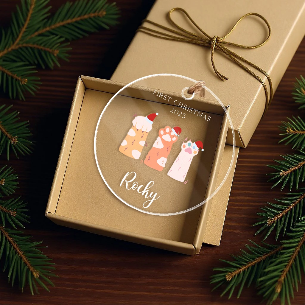 Cat First Christmas Paw Print Acrylic Ornament