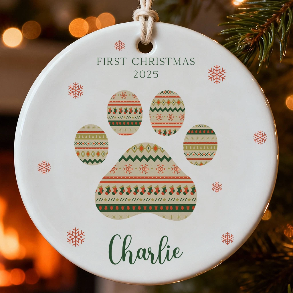 Custom Cat Paw Ornament | Knit Pattern Ceramic Keepsake | Personalized Kitten Name Christmas 2025
