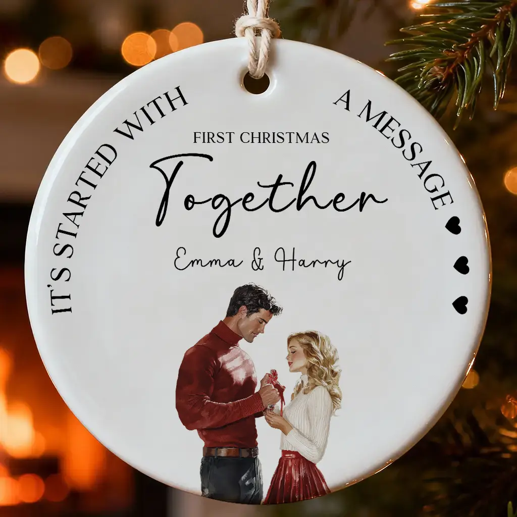 Custom Couple Illustration Ornament | Personalized Names Ceramic Keepsake | Anniversary Gift for Him Her | Engaged Ornament