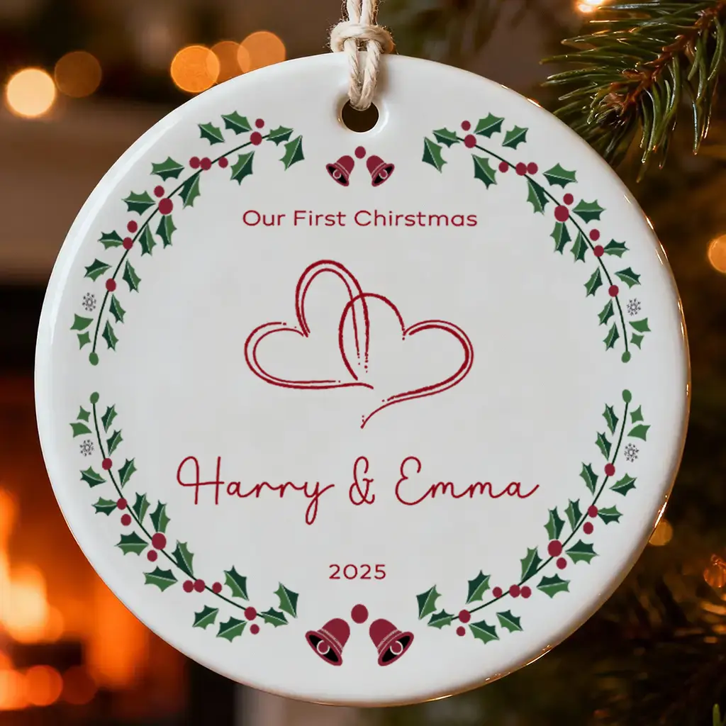 Custom Couple Name Anniversary Ornament | Personalized Watercolor Wreath Keepsake | Ceramic Forever Gift for Her Him