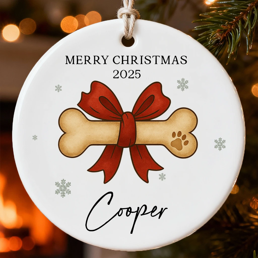 Custom Dog Bone Ceramic Christmas Ornament | Bone & Paw Pattern, Personalize Name 2025