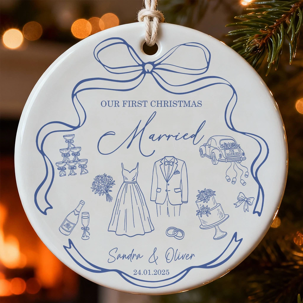 Custom Luxury Wedding Ornament | Personalized Name and Date Ceramic Keepsake | Best Newlywed Christmas Gift