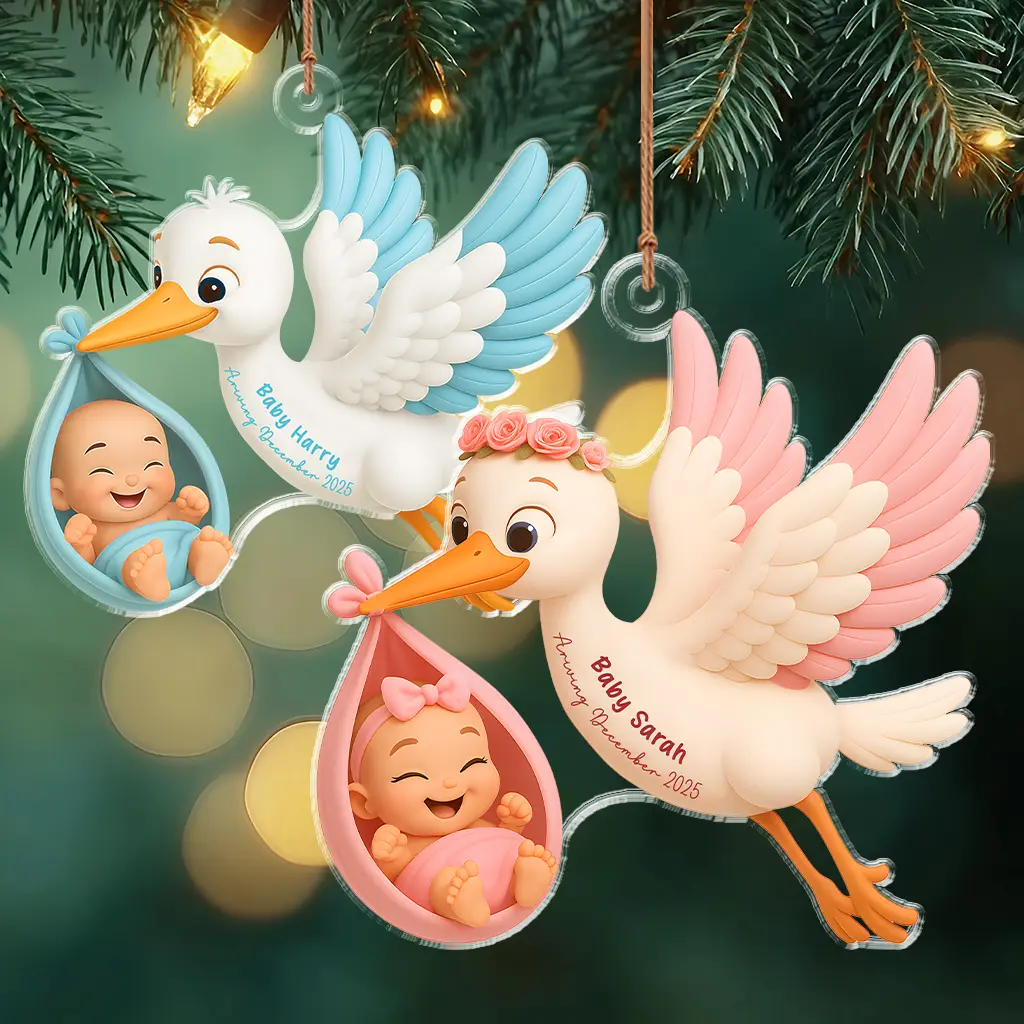 Custom Name Baby Arrival Ornament 2025 | Stork Bringing Baby Boy and Girl Pink Acrylic Decoration | Expecting Parents Gift