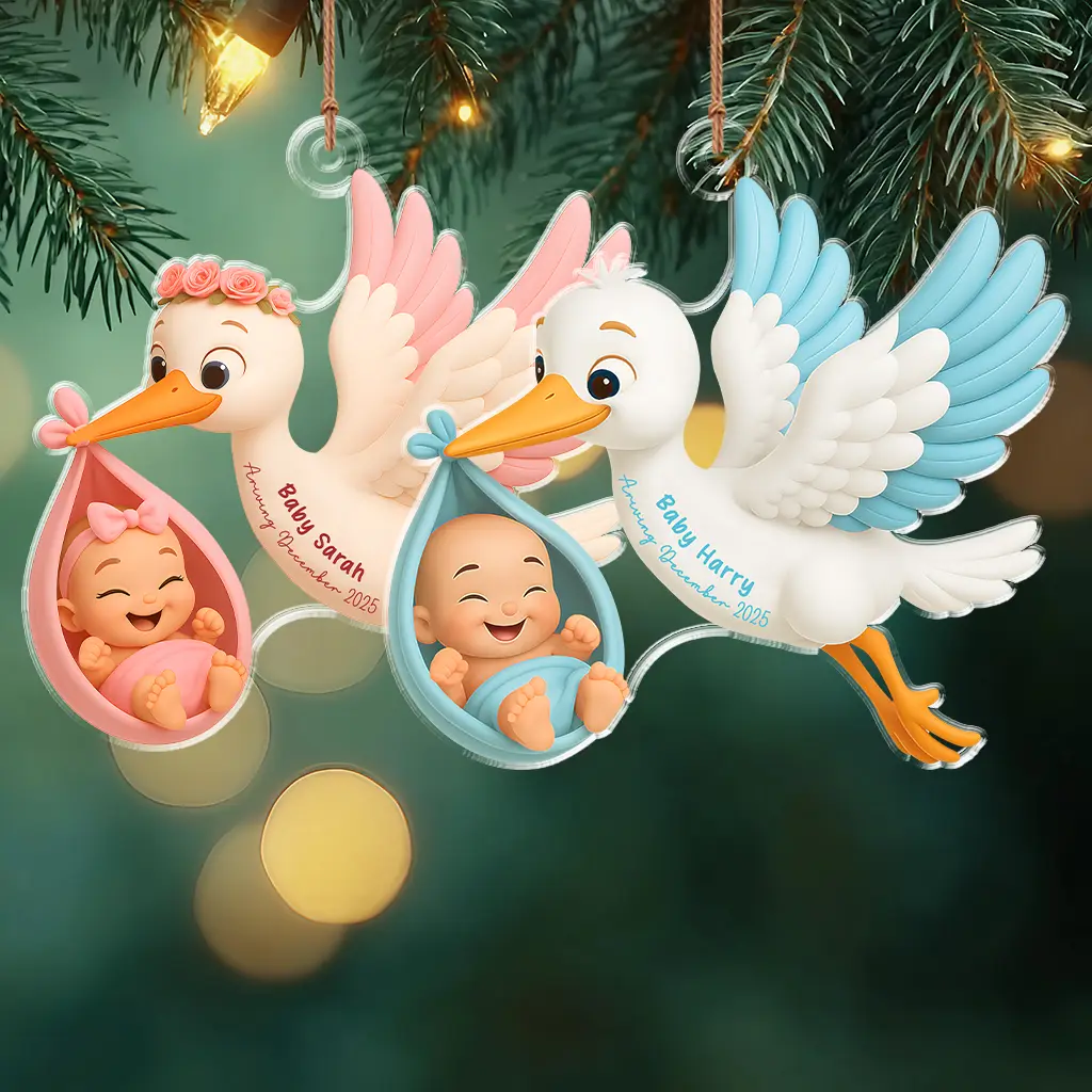 Custom Name Baby Arrival Ornament 2025 | Stork Bringing Baby Boy and Girl Pink Acrylic Decoration | Expecting Parents Gift