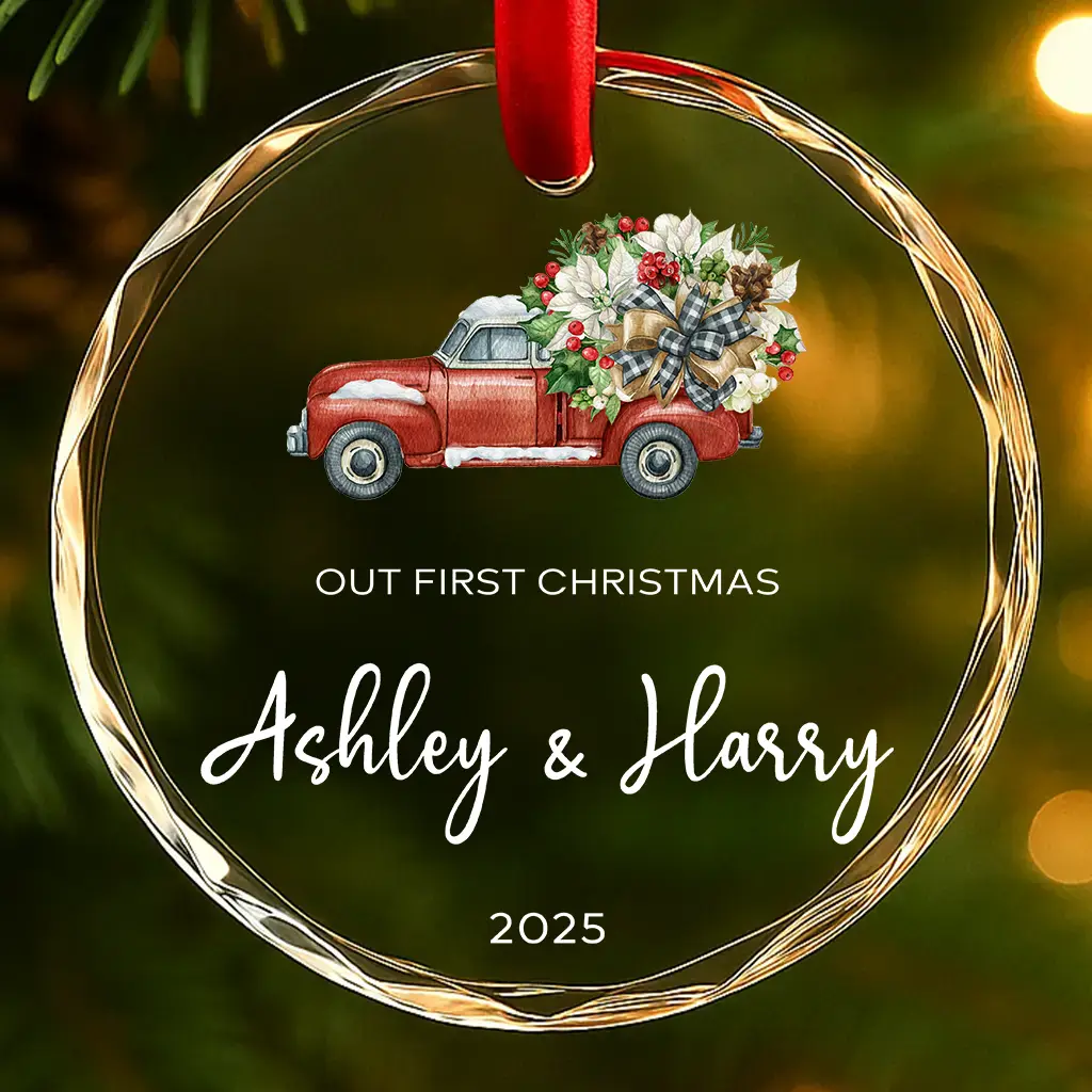 Custom Name Couple Keepsake Ornament | Personalized First Christmas Together | Wreath, Ribbon, Truck Designs | Wedding Anniversary Gift