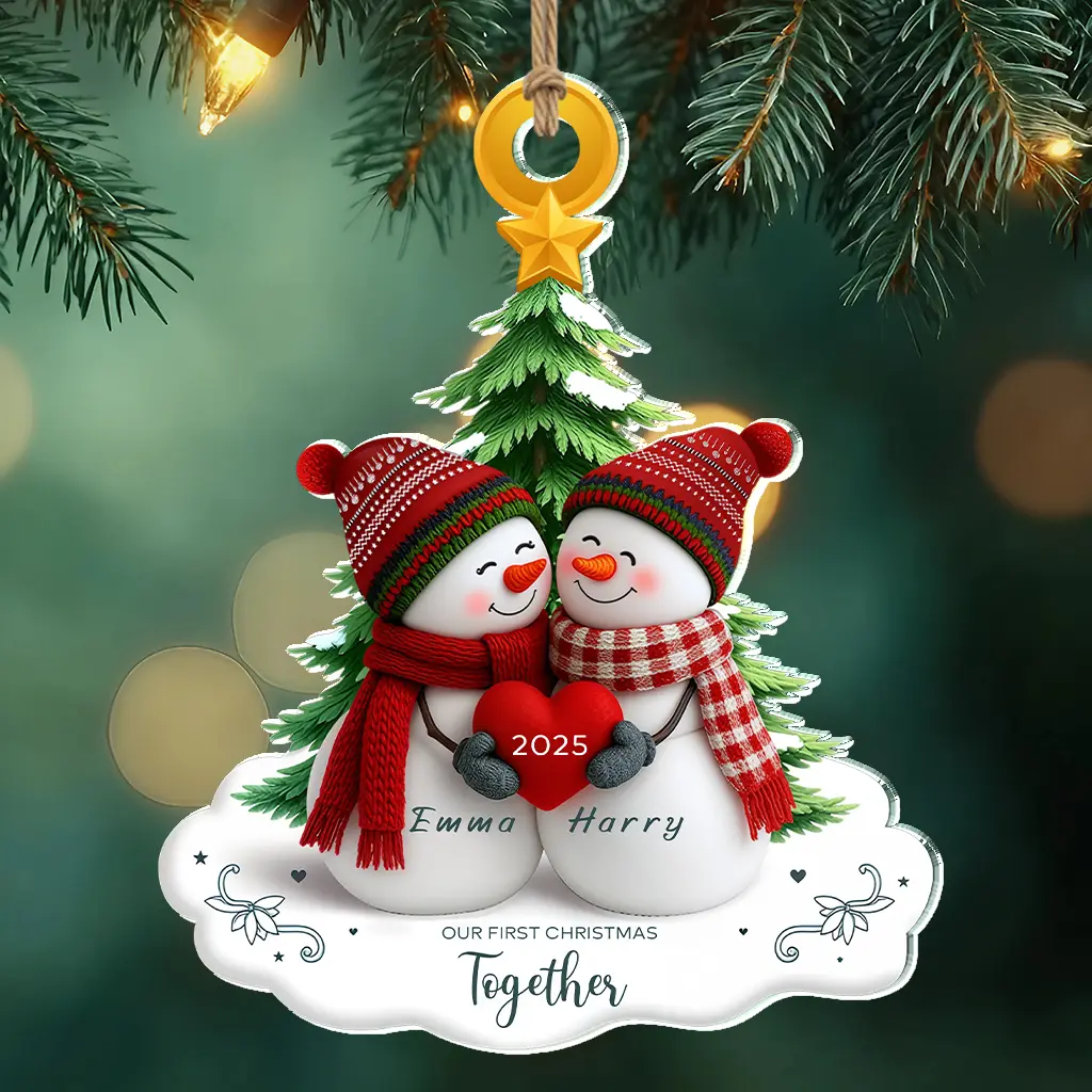 Custom Snowman Couple Gift Ornament, Personalized First Christmas Together Plaque Keepsake, Winter Couple Decor with Names & Year