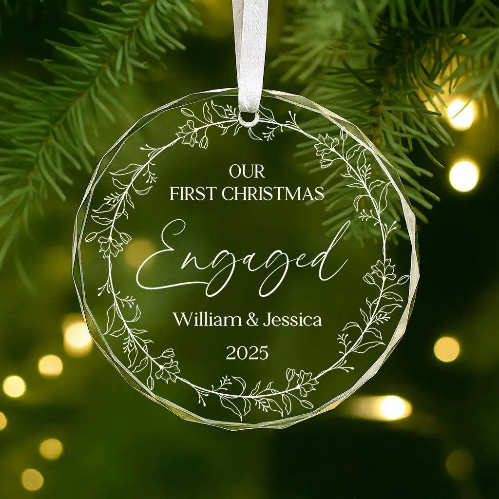 Custom Text Elegant Engaged Couple Glass Ornament | Personalized Wreath & Ribbon Keepsake