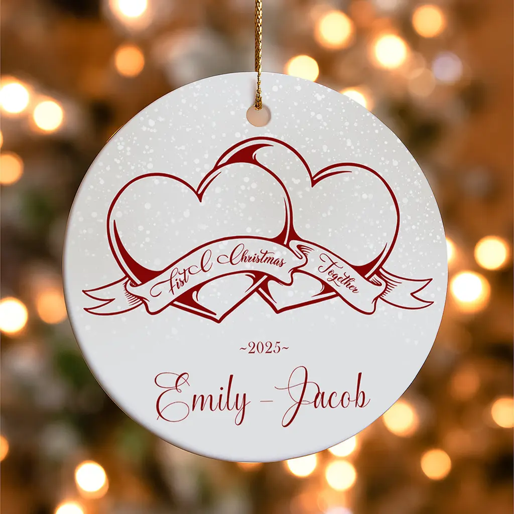 Custom Text Heart Couple Keepsake | Personalized Wedding Anniversary Ornament | Round Ceramic Milestone Gift