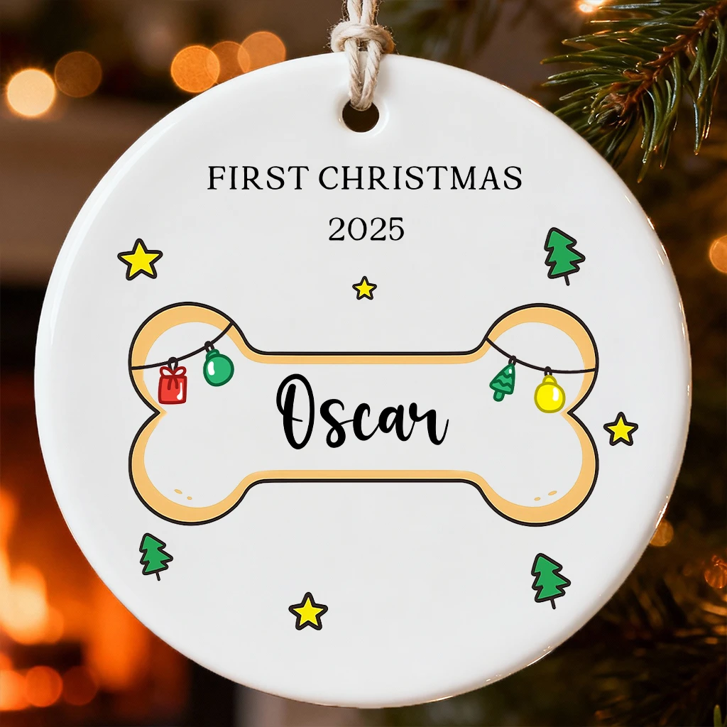 Dog Bone Shape First Christmas Ornament | Personalized Pet Name & Year | Glossy Ceramic, Ready to Hang 2025