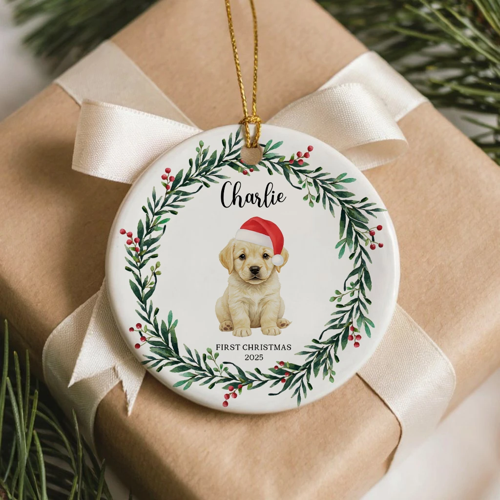 Dog Portrait First Christmas Ceramic Ornament
