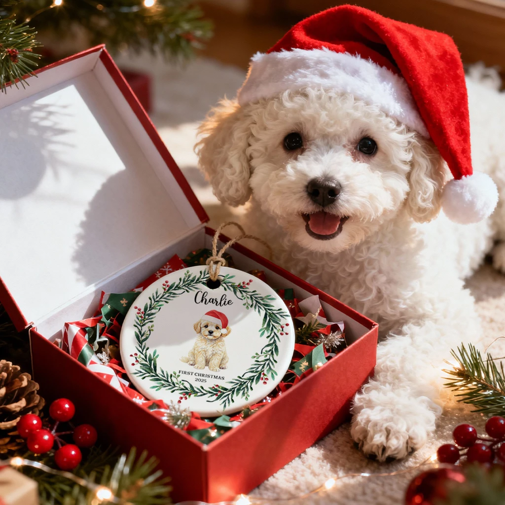 Dog Portrait First Christmas Ceramic Ornament