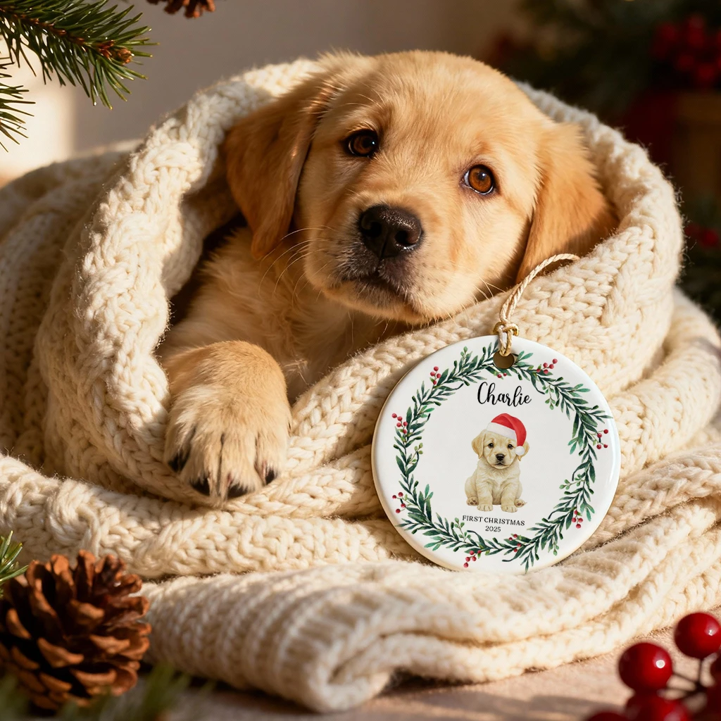 Dog Portrait First Christmas Ceramic Ornament