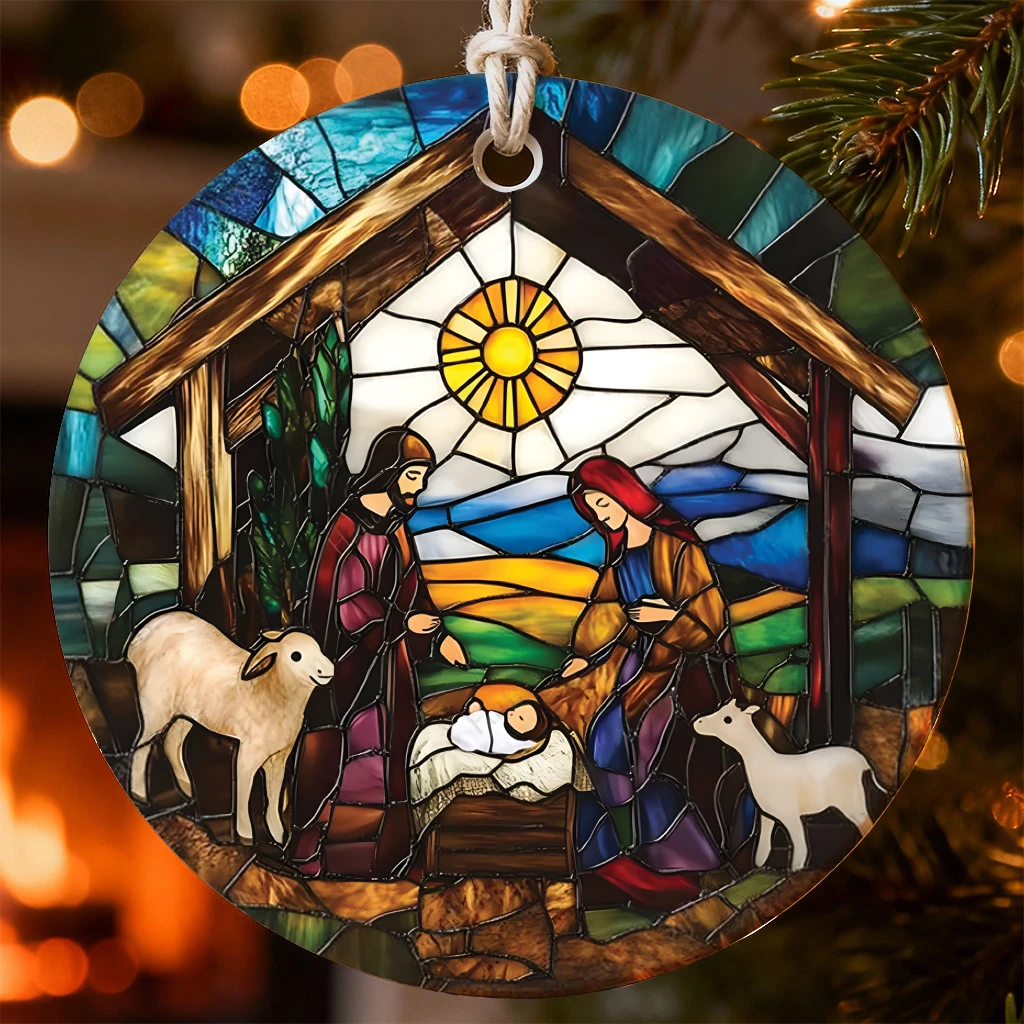 Holy Family Ceramic Disc Ornament 2025, Religious Christmas Keepsake, Glossy Stained Glass Style