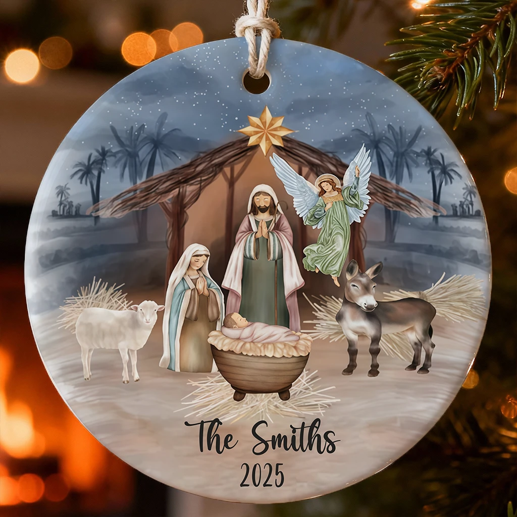 Christian Family Christmas Ornament 2025, Customized Nativity Manger Art, Unique Religious Gift