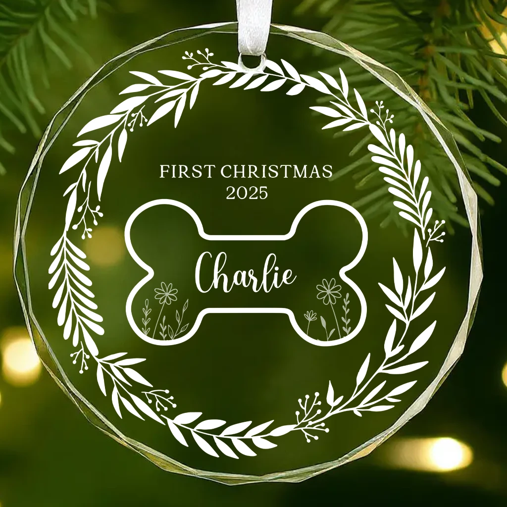 First Christmas Dog Bone Glass Ornament | Personalized Pet Name | Minimalist Bone Design