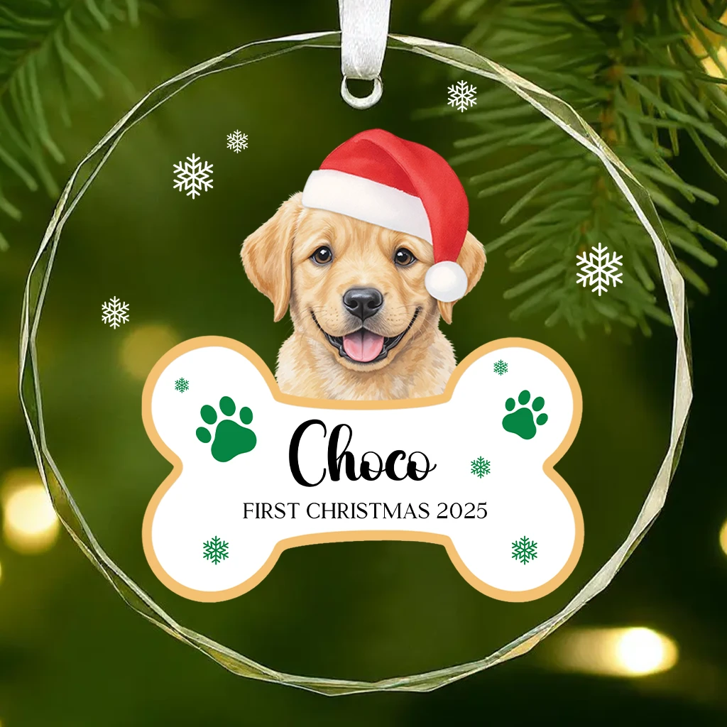 First Christmas Dog Bone Shape Glass Ornament | Personalized Pet Name & Year | Watercolor Style With New Design 2025