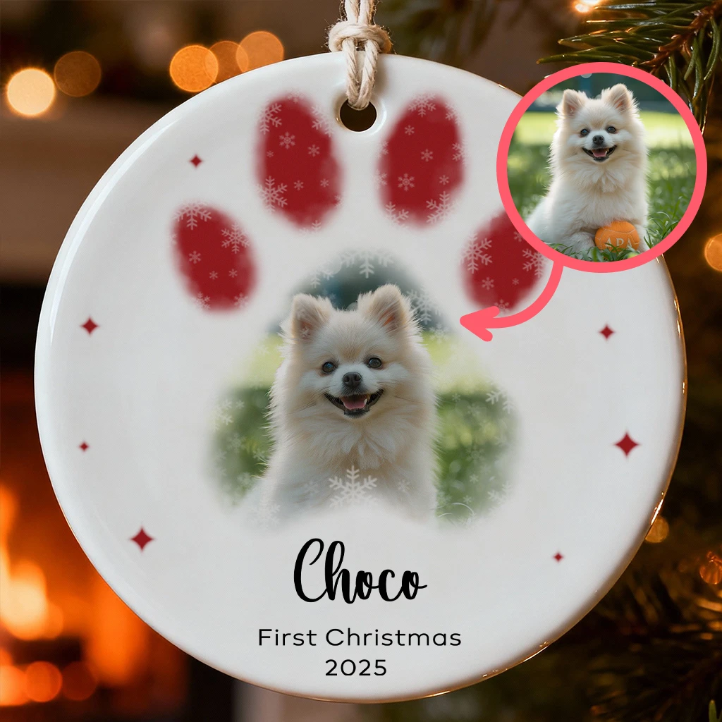 First Christmas Dog Paw Print Ornament | Custom Photo & Name Ceramic Keepsake 2025