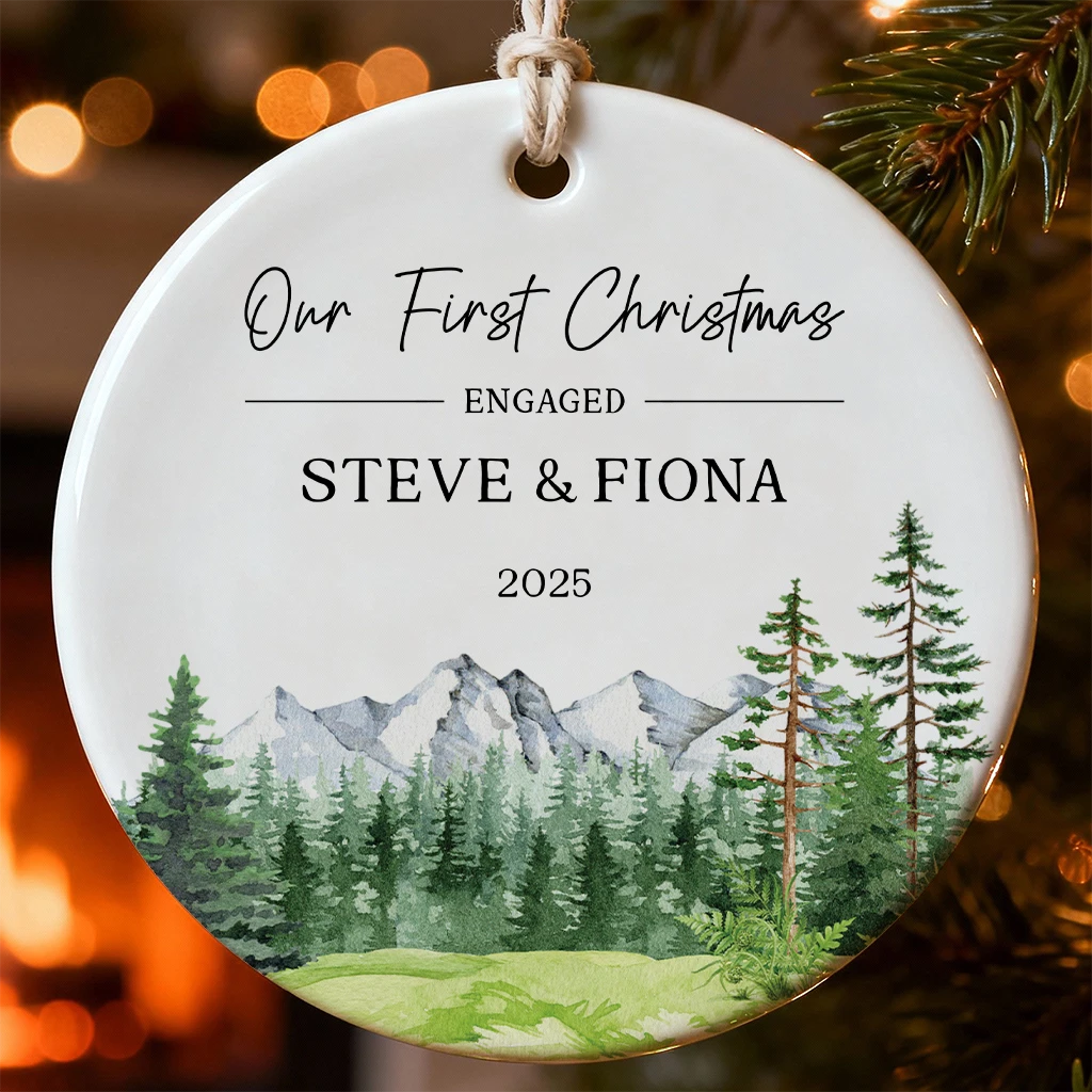 Personalized First Christmas Engaged 2025 Ornament | Watercolor Ceramic Keepsake | Custom Engagement Gift