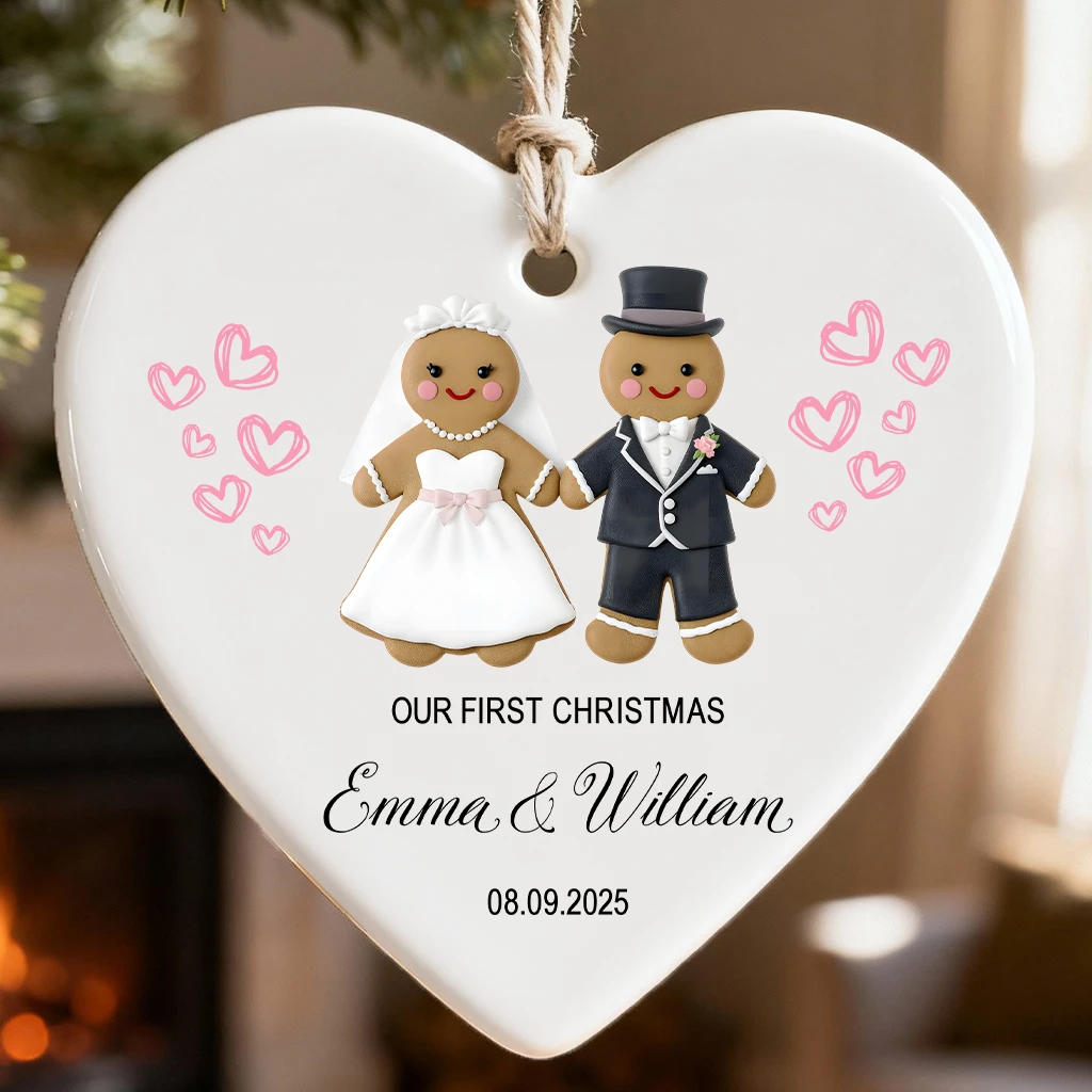 First Christmas Gingerbread Ceramic Ornament | Custom Names, Wedding Date & Year | Cute Gingerbread Design 2025