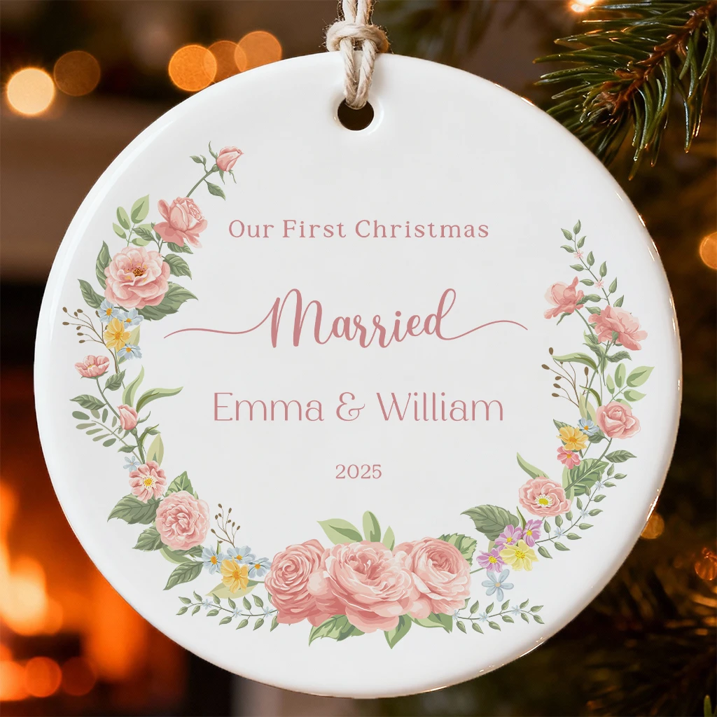Custom First Christmas Married Evergreen Ornament | Personalized Keepsake | Unique Christmas Ornament for Couple