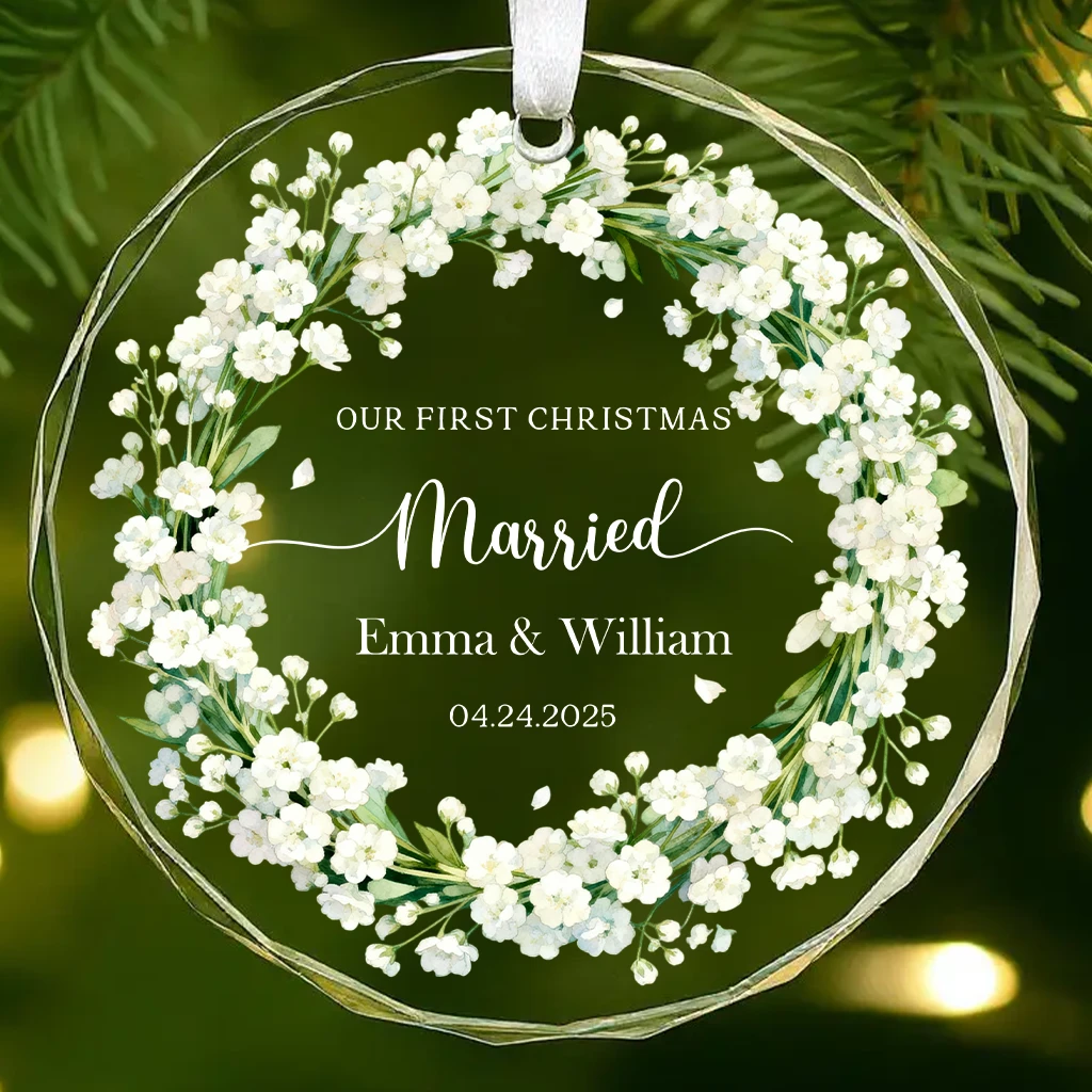 First Christmas Married Evergreen Glass Ornament |  Personalized Newlywed Keepsake 2025 | Custom Names & Wedding Date