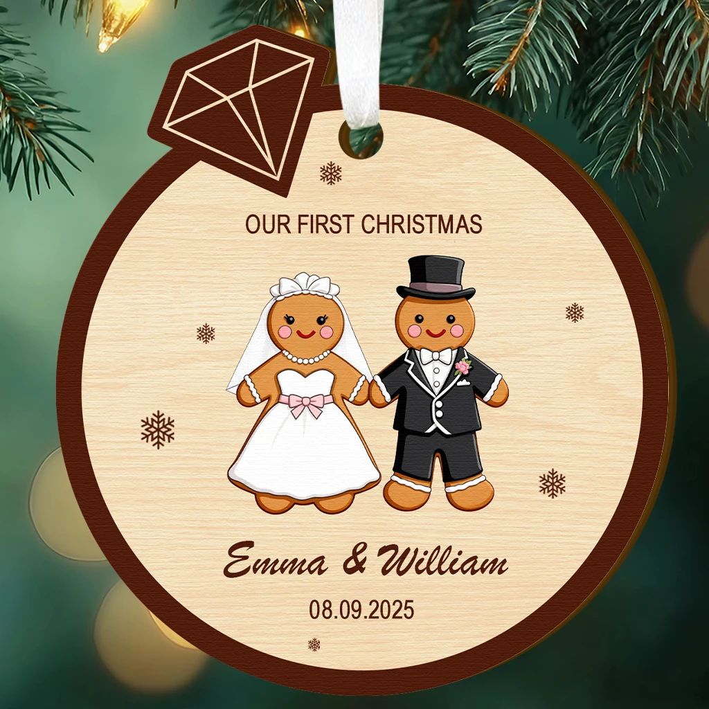 First Christmas Married Gingerbread Couple Ornament |  Custom Names, Year & Watercolor Details | Adorable Newlywed Gift 2025